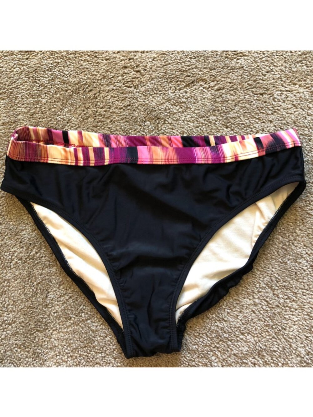 NEW NWOT 24TH OCEAN Black Purple Cream ish Stripe Bikini Swimsuit Bottom Large L